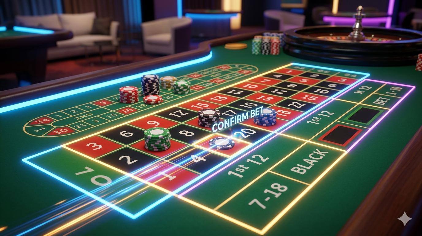 Neon roulette table with casino chips