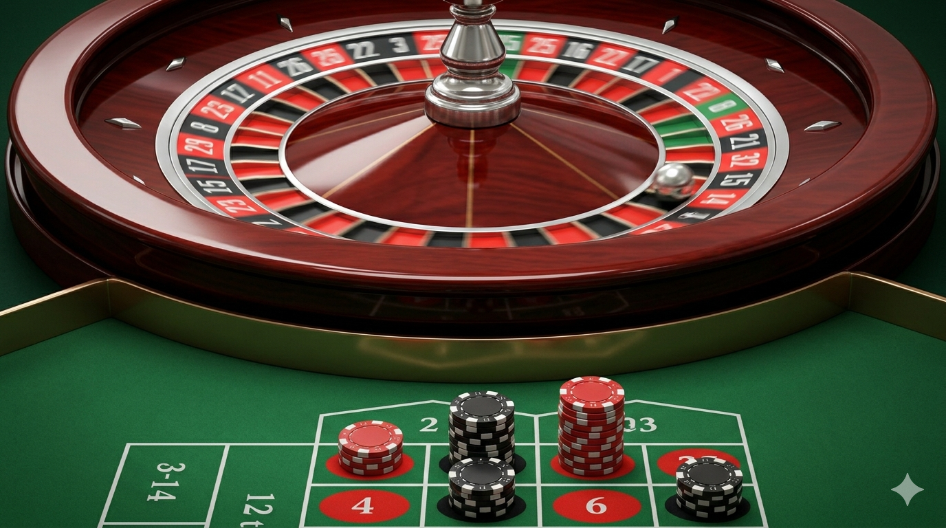 Classic roulette wheel with chips